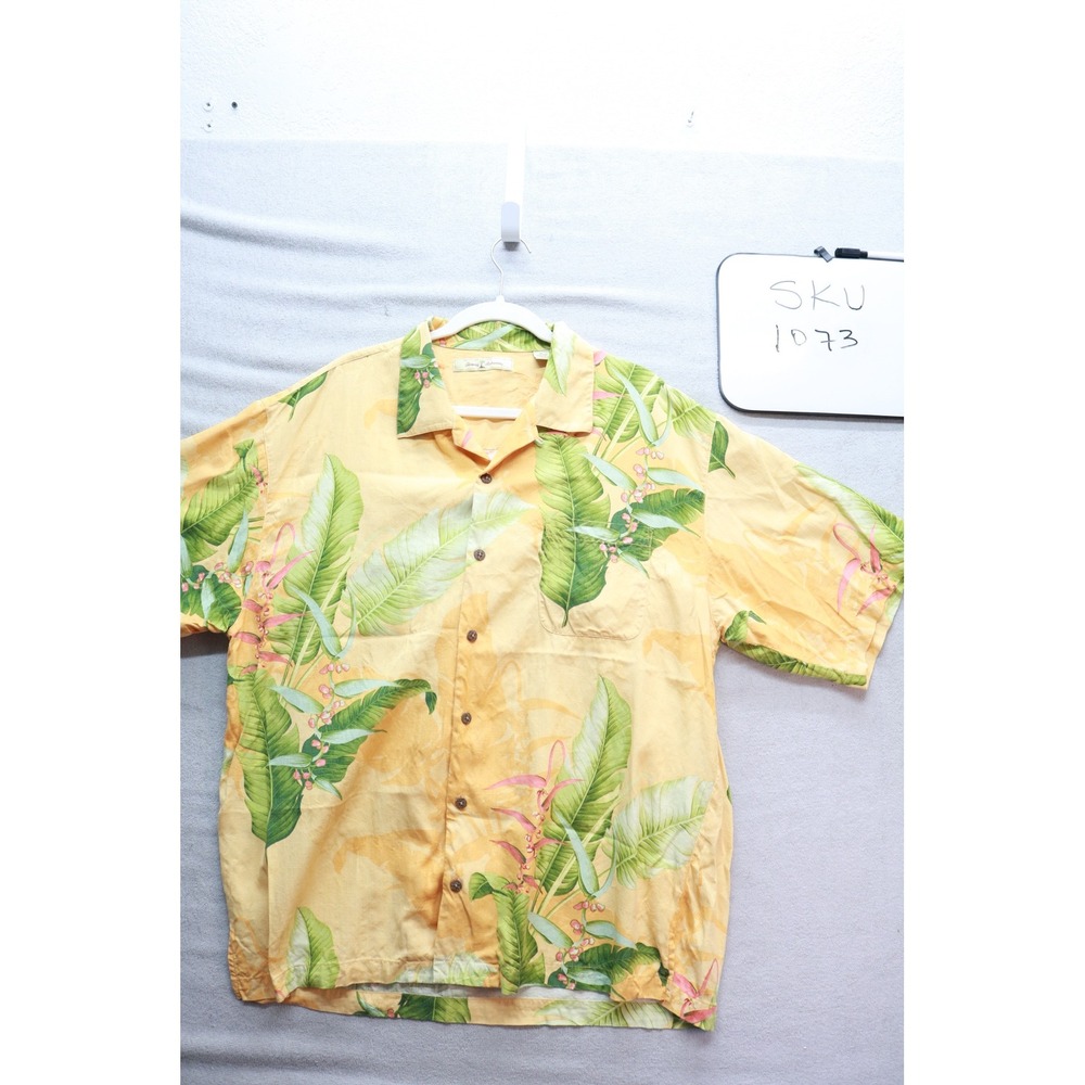 Tommy Bahama Shirt Mens XL Yellow Silk Tropical Leaf Floral Button Up T31559